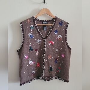 Vtg Designers Originals Embroidered Beaded Christmas Sweater Vest, Women's XL
